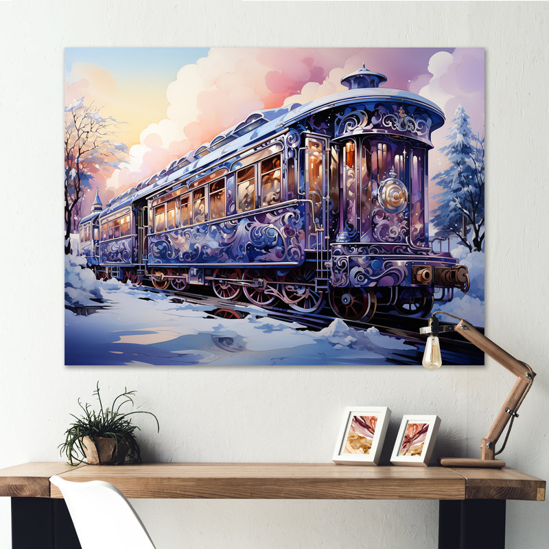 Voyage de Noël en train II - train, art mural, H 30 po x l 40 po x P 1,5 po, Toile tendue