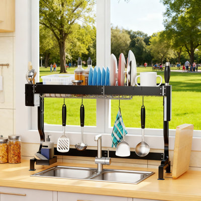 Adjustable Over-The-Sink Dish Drying Rack, Large Capacity Stainless Steel Dish Drainer With Utensil Holders And Multi-Functional Kitchen Organizer