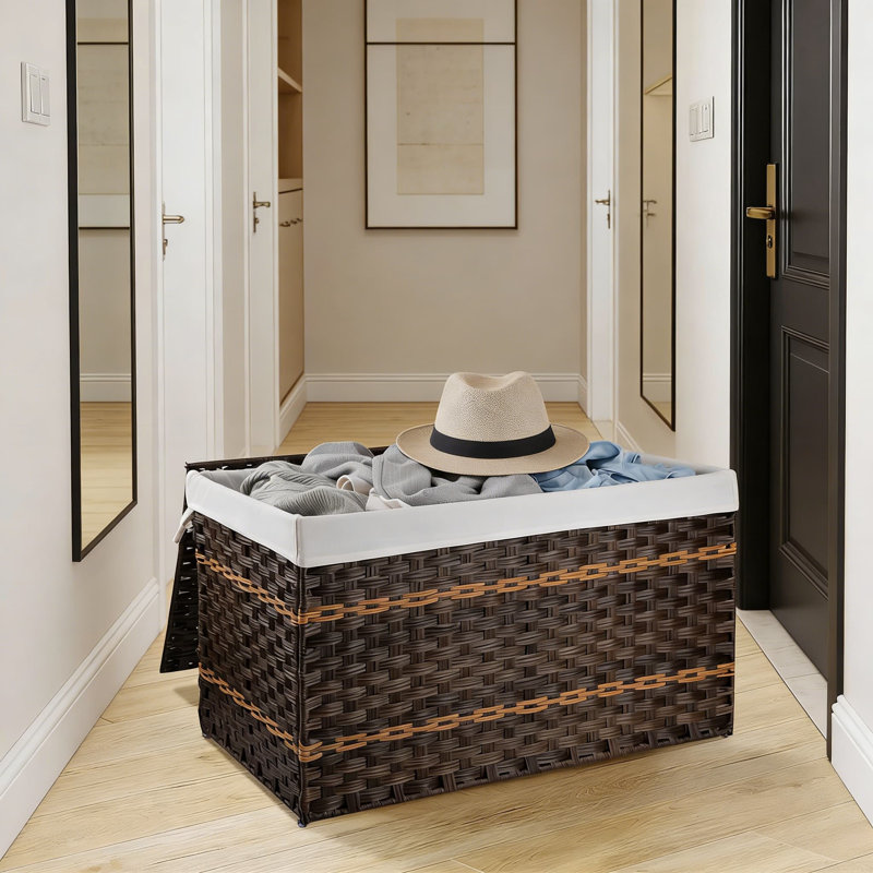Grand panier de rangement avec couvercle et doublure amovible - Panier en osier synthétique durable avec poignée pour la lessive, les couvertures et l'organisation à la maison