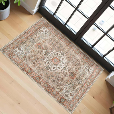 Washable  2x3 Feet  Entryway Area Rug: Vintage Non-Slip Backing Rugs For Kitchen Bathroom Water Resistant Carpet For Bedroom Soft Low Pile Front Door Mat For Dining Room  2x3 Feet Brown/Orange