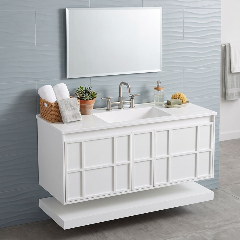 Meuble-lavabo mural moderne avec lavabo composite, 2 tiroirs de rangement et tablette inférieure ouverte