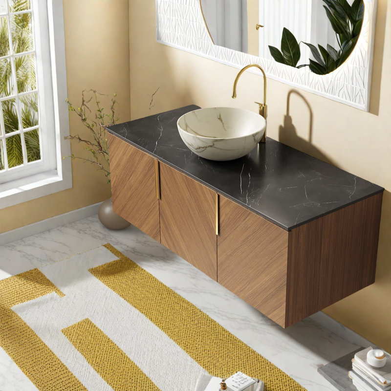 Lavabo de meuble-lavabo flottant Modern, pierre de marbre noir, finition chêne
