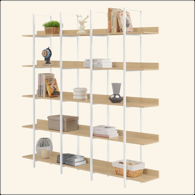 Bibliothèque ouverte à 5 niveaux, Blanc / Chêne