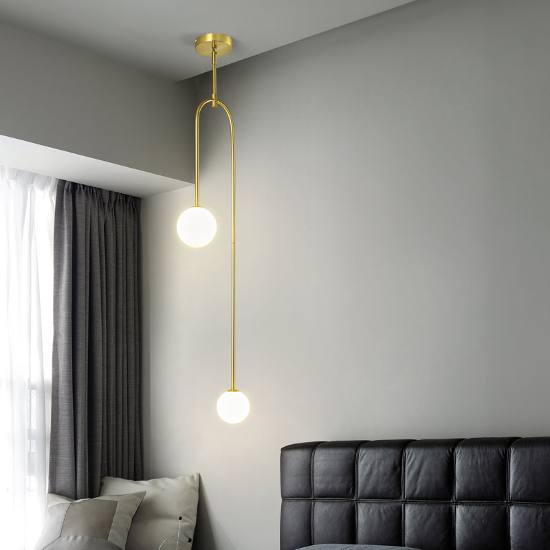 Luminaire suspendu moderne en verre de lait 2 lumières Mid Century Century, Doré