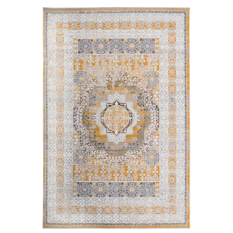 Tapis crème / médaillon 5 x 7 Loom & Collection - non délesté, teinté pour chambre de dortoir, chambre de bureau, cuisine à manger