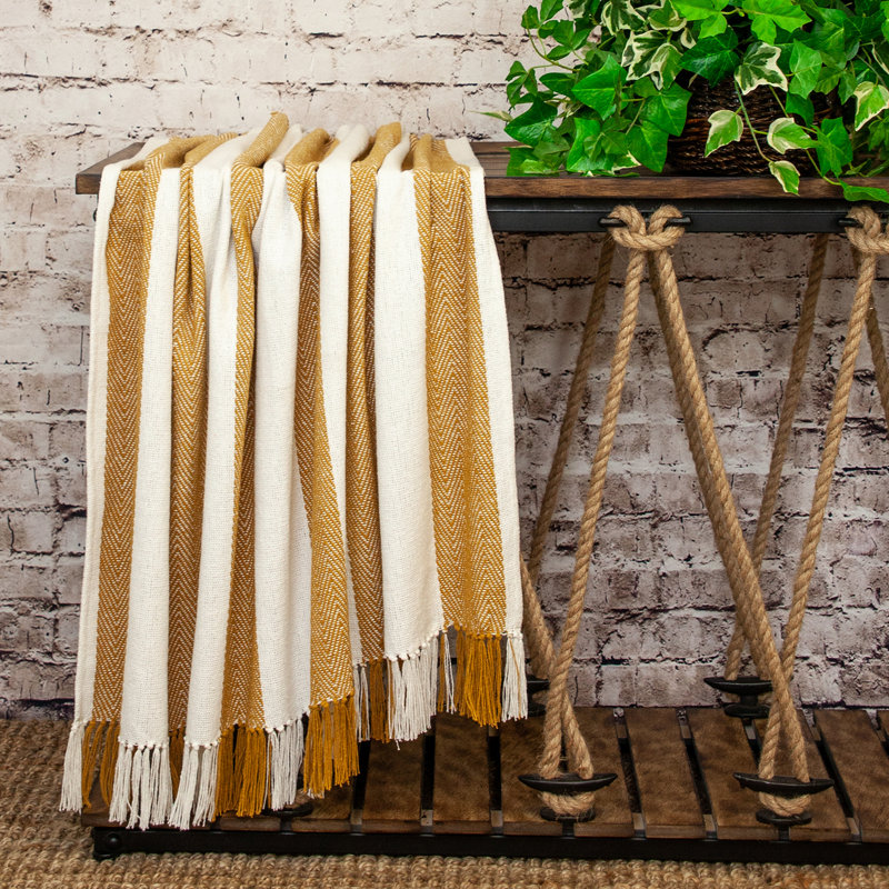 Mustard and White Cotton Striped 60" x 50" Throw Blanket