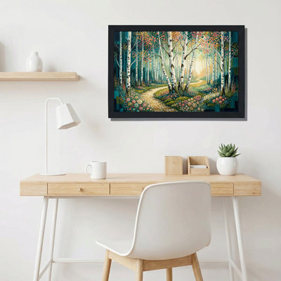White Birch Trees Winding Path Through Colorful Forest Canvas Wall Art