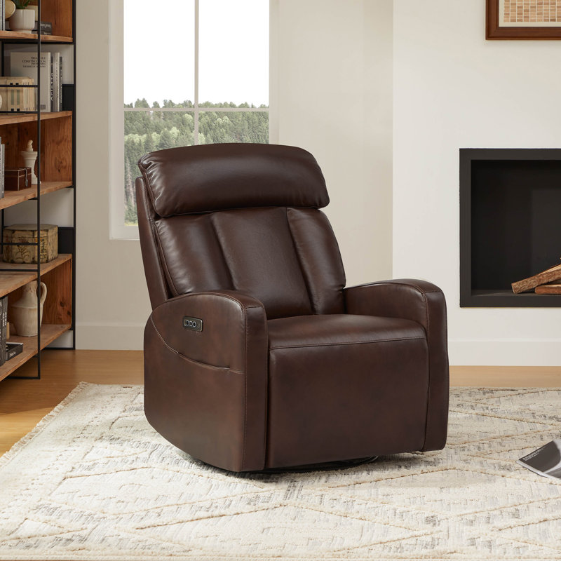 Fauteuil inclinable électrique oscillant et pivotant en cuir véritable avec appui-tête et soutien lombaire électrique, Cognac
