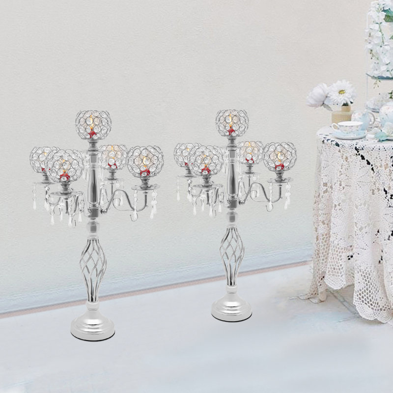 5 Arm Bowl Crystal Candelabra Table Centerpieces Decor, Silver