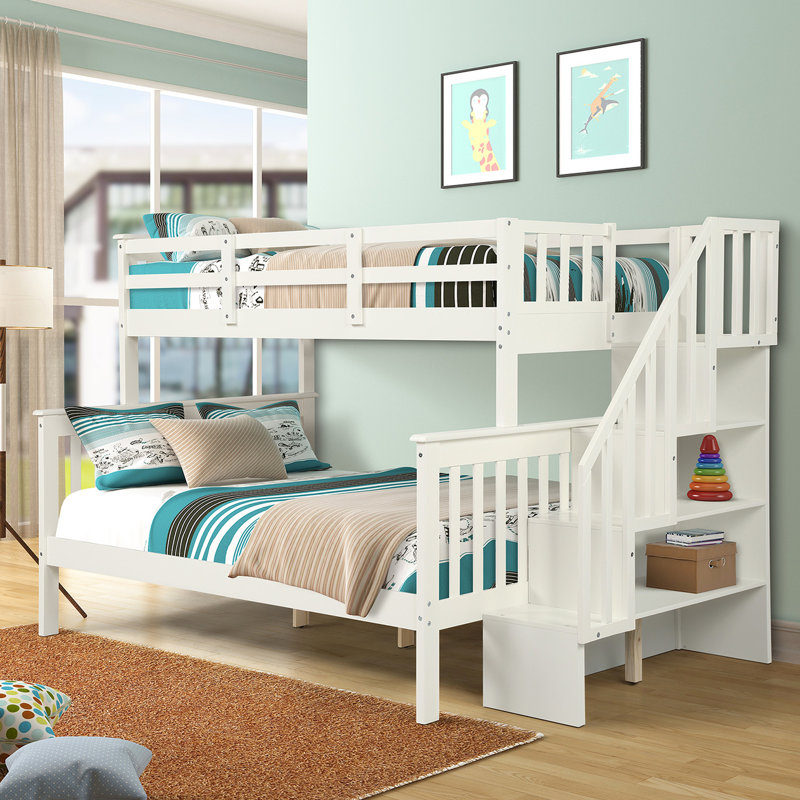 White Stairway Twinfull Bunk Bed With Guard Rail, Storage Space, And Reliable Build For Bedroom Compartments, Solid Pine Bedroom,