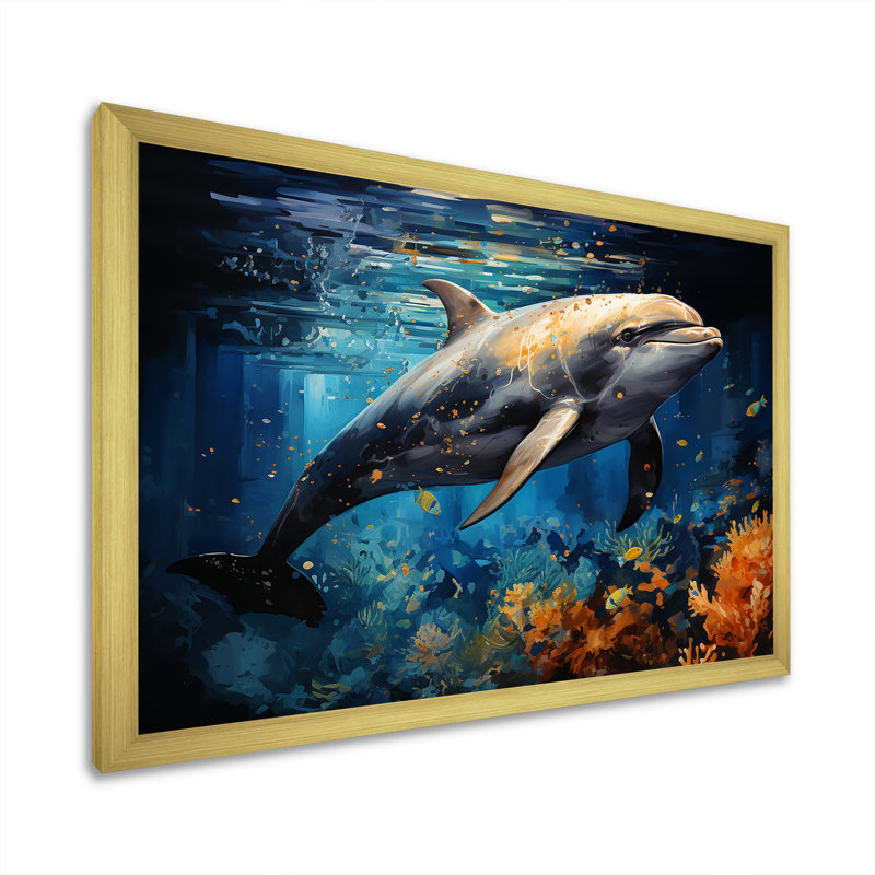 «Dolphin Odyssey» sur toile, H 30 po x l 40 po x P 1,5 po, Cadre doré à coins fermés