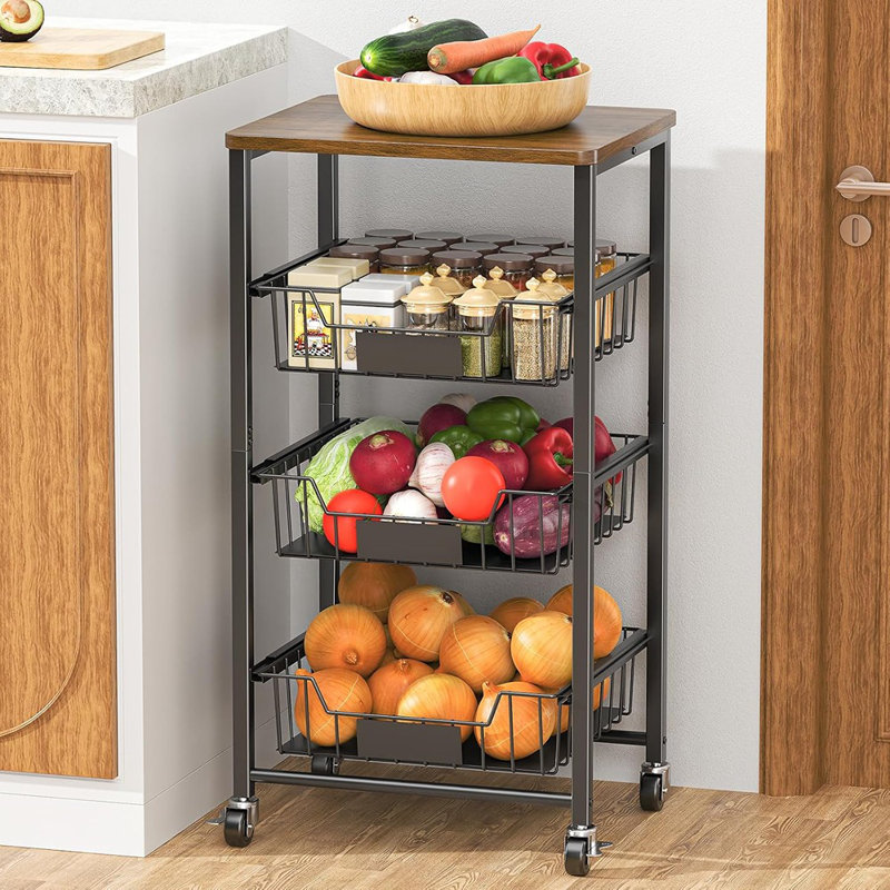 Chariot de rangement de cuisine à 4 niveaux avec plateau en bois et paniers coulissants, organisateur utilitaire en métal sur roulettes pour fruits, légumes, garde-manger et multi-pièces