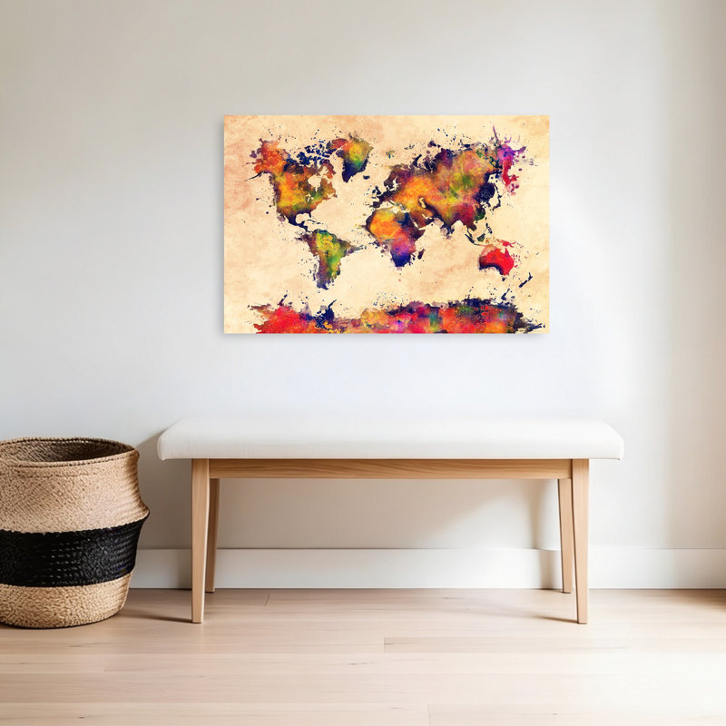 «Vibrant World Map», art mural moderne contemporain abstrait, H 24 po x l 36 po