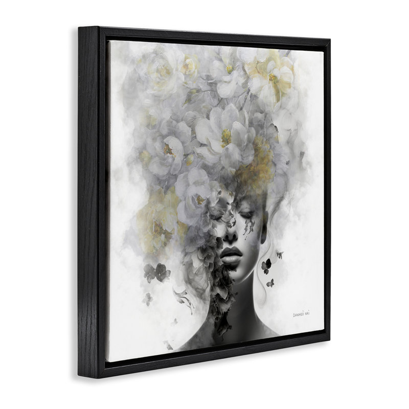 «Hidden Spring Visage Floater», art mural sur toile par Danhui Nai, H 18 po x l 18 po, Cadre flottant noir de jais