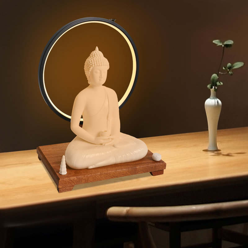 Ceramic Buddha Statue And LED Circle Table Lamp For Home Décor, White