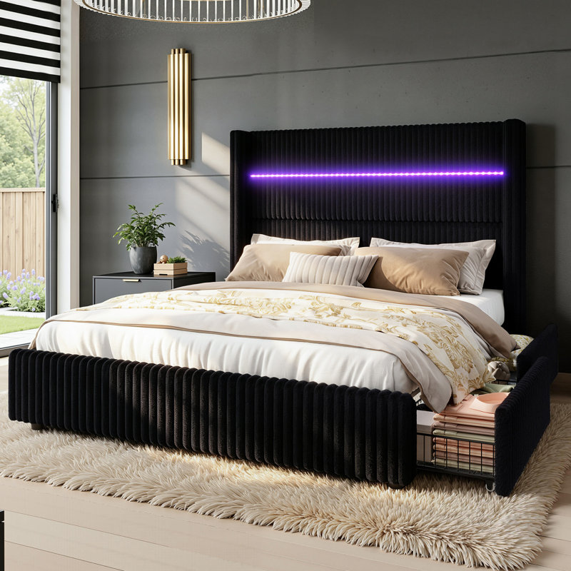 
Gerasim Upholstered Platform Bed with Storage Drawers and Charging Station, Wood Slat Support Bed Frame,Black, Queen, Black