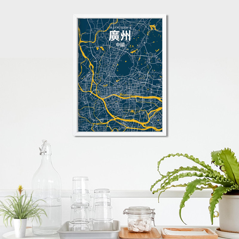 Impression sur carte de la ville de Canton (chinois traditionnel), H 24 po x l 18 po x P 0,05 po, Bleu / jaune