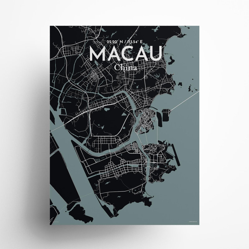 Macau, carte de la ville, impression, Gris/noir, H 24 po x l 18 po