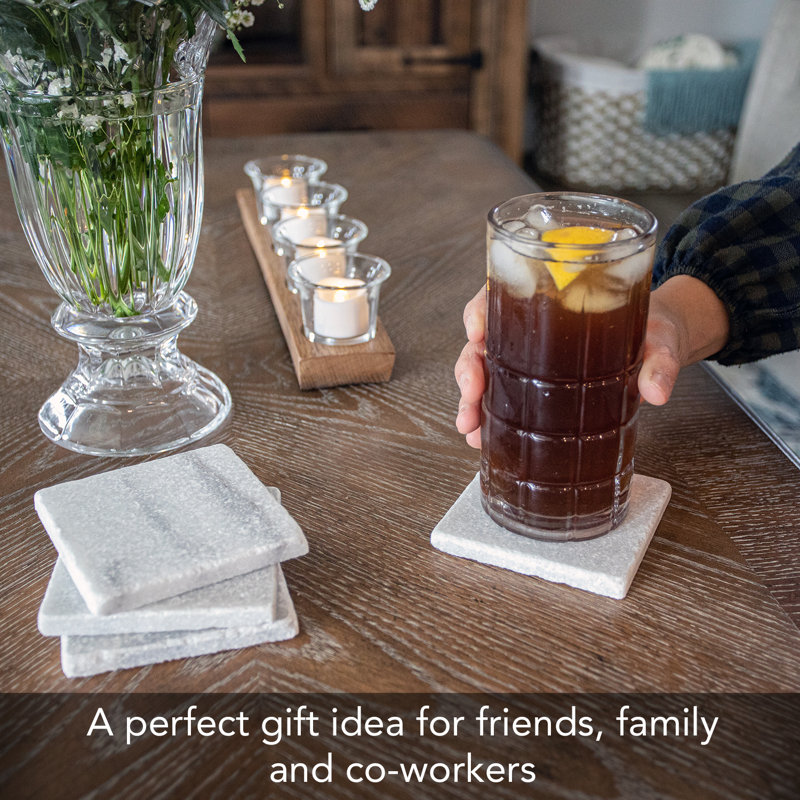 Natural White Marble Stone Square Coasters 4" x 4" Set