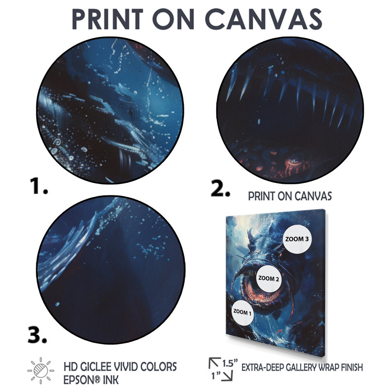 «Blue Deep Giant Fish Monster», art mural Sea Creatures, H 32 po x l 24 po x P 1 po, Encadrement argenté