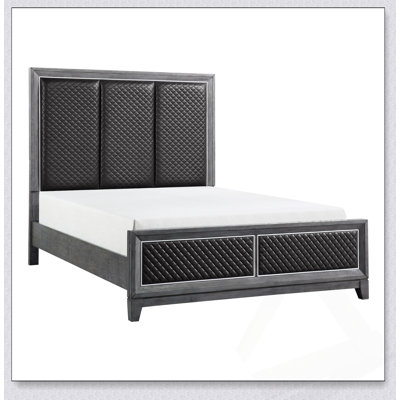 Modern Queen Size Bed with Diamond-Patterned Gray Faux Leather Headboard and Footboard for Elegant Bedrooms