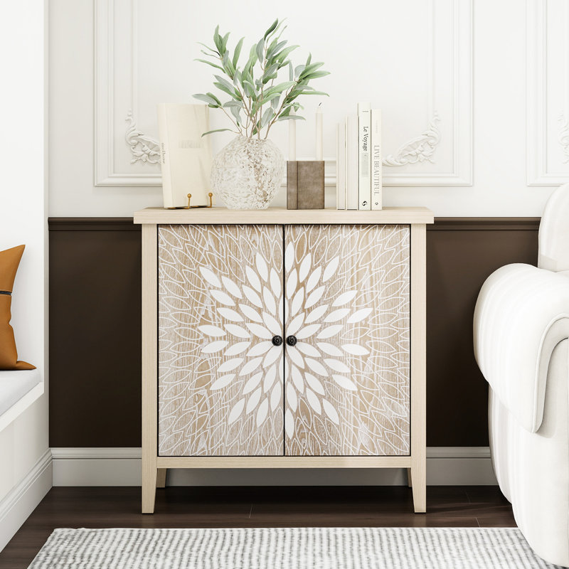 Armoire de rangement sculptée à 2 portes avec tablette réglable, Naturel