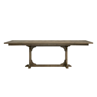Table à tréteaux Almond, hauteur de comptoir, extensible de 84 po à 114 po, largeur de 44 po, hauteur de 36 po, parquets géométriques, placages, 230,5 lb