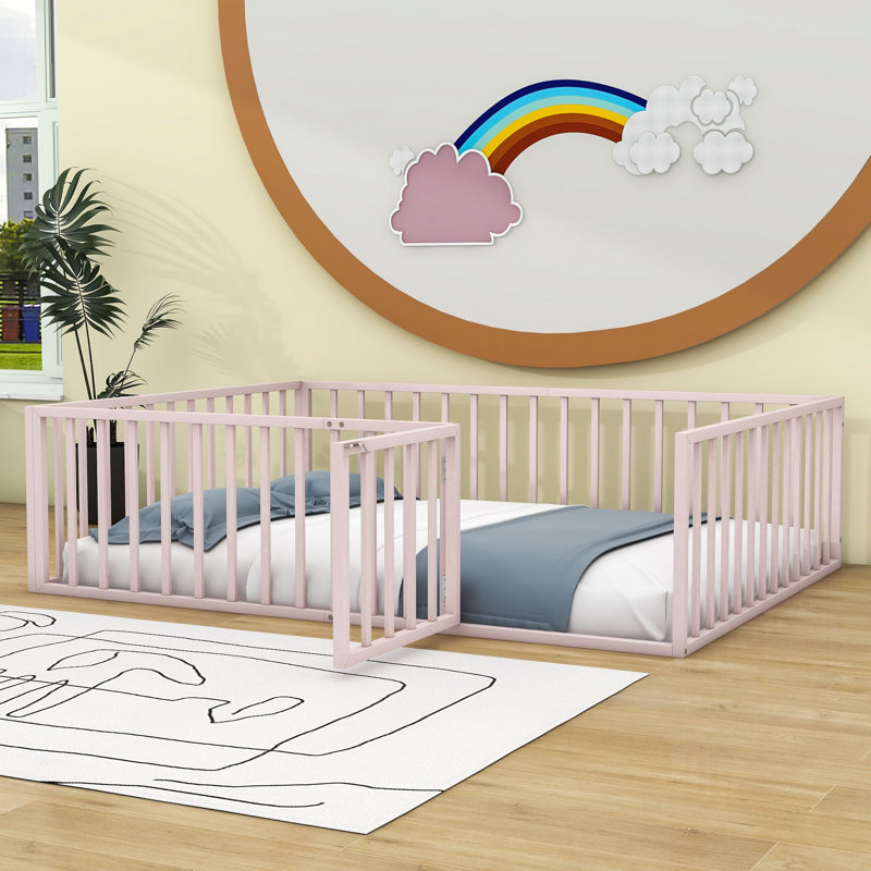 Idonah Metal Floor Bed with Fence and Door, Queen, Pink