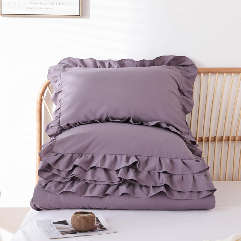 Ensemble d'édredon 3 pièces Ruffle, Édredon très grand + 2 taies d'oreiller standard, Mauve gris