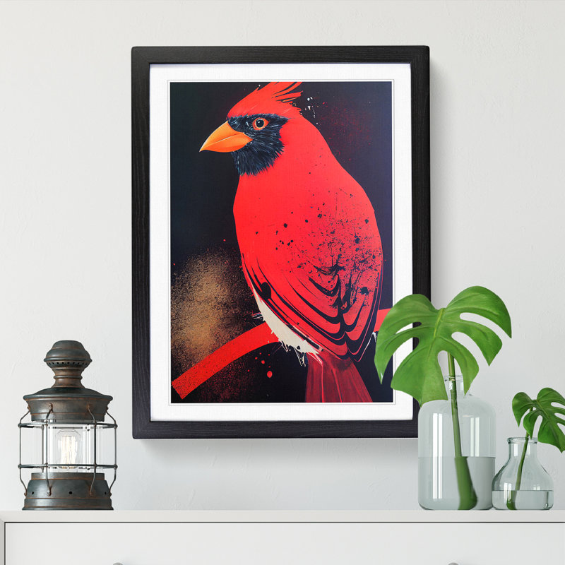 FRM-V0523-356X Cardinal Bird Splatter - Single Picture Frame Print, Black Framed, 64cm H x 46cm W x 2cm D