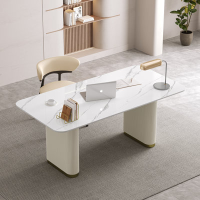 63'' Modern Simple Executive Computer Desk With Sintered Stone Top, Modern Computer Table With Fluted Legs & Gold Accents For Home Office Study