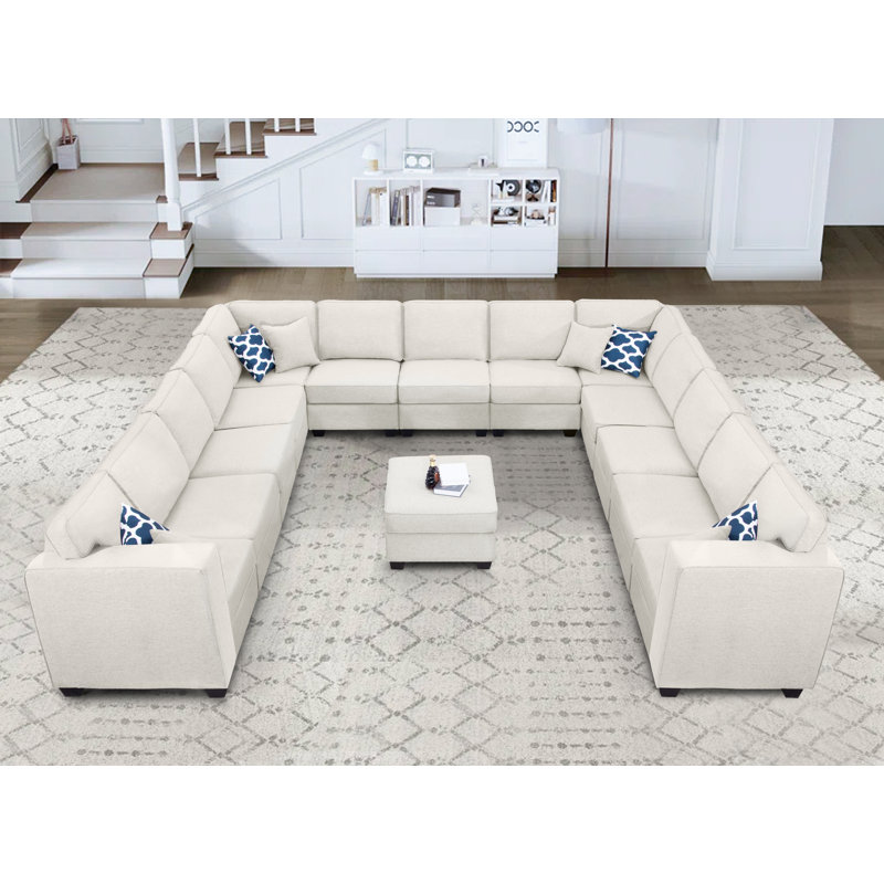Upholstered U-Shaped Sectional Symmetrical, Cream Polyester Blend