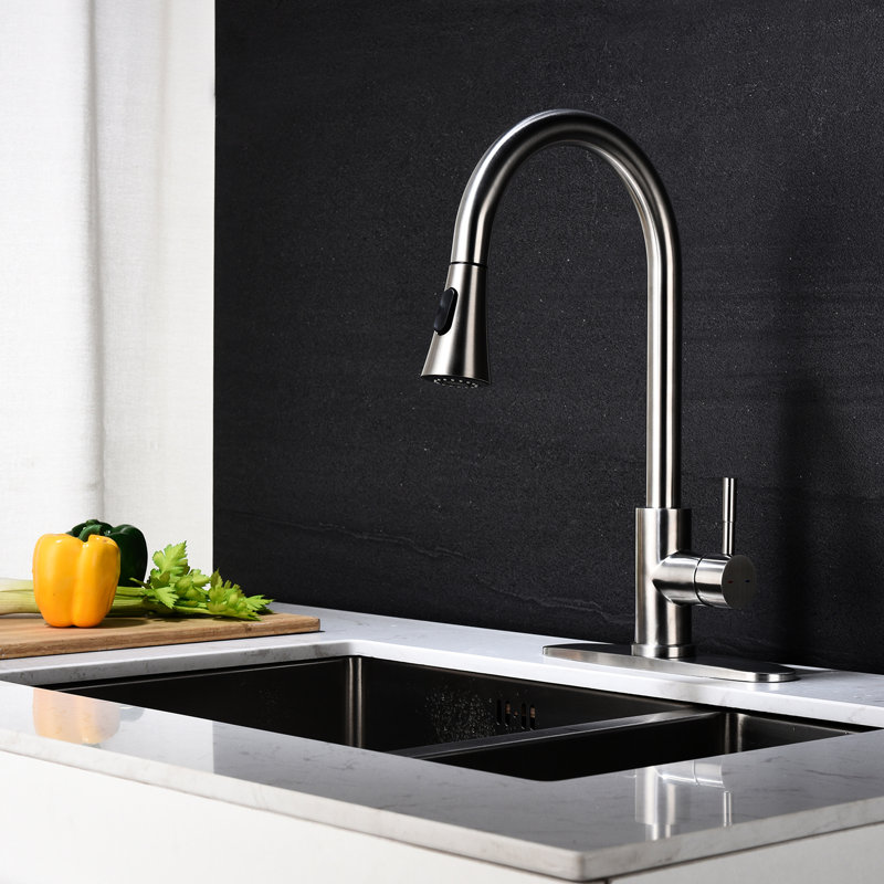 Pull Out Kitchen Faucet - Single Lever Allows Easy Water Temperature And Flow Adjustment, 360 Rotating High Arc Nozzle, Brushed Nickel On Stainless Steel, Dirt Surface Treatment, Aerated Splash With