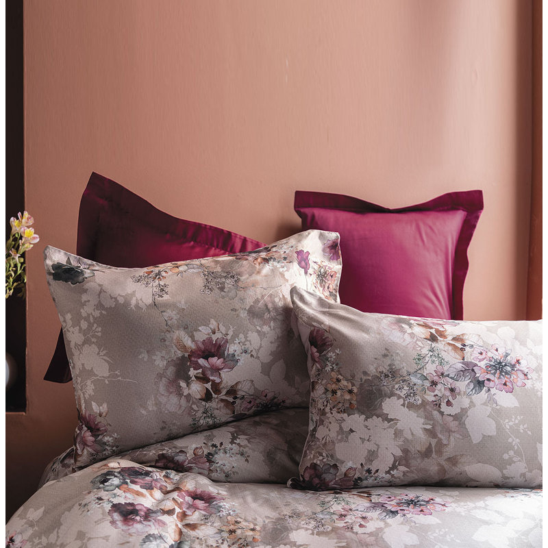 Ensemble de housse de couette 100% coton gris / rose Abdool, Housse de couette double TG + 3 pièces supplémen