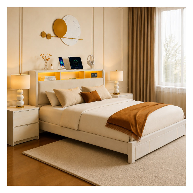 Grand lit plateforme tapissier avec tiroirs de rangement et tête de lit rembourrée, velours côtelé beige