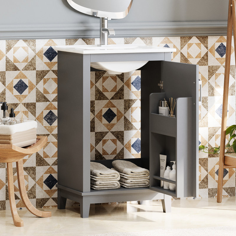 Meuble-lavabo de salle de bain avec lavabo en céramique - bois massif +, armoire de 20 po, charnières à fermeture en douceur, style élégant
