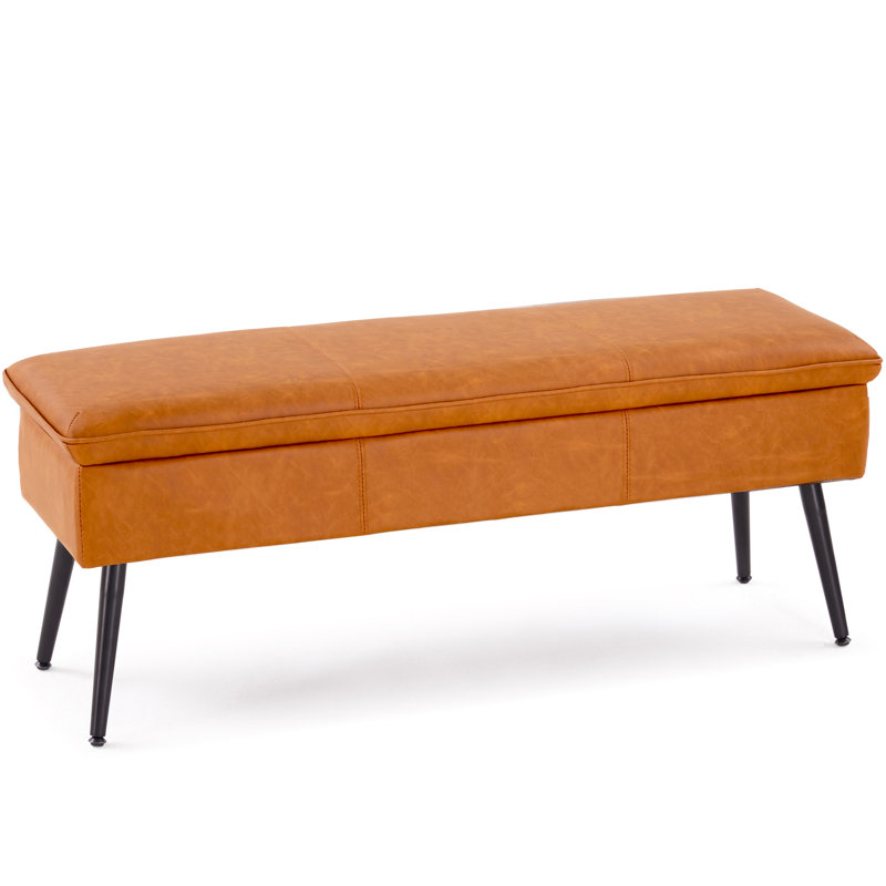 Faux Leather Upholstered Storage Bench Ottoman, Cognac Brown