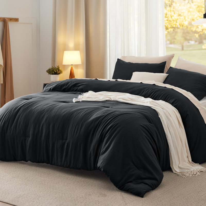 Bedsure Reversible Prewashed Comforter Set, King Comforter + 2 Standard Pillowcases, Black