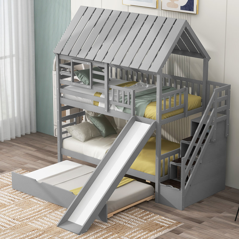 Twin Over Twin House Bunk Bed With Trundle And Slide, Storage Staircase, Roof And Window Design, Gray, Gray