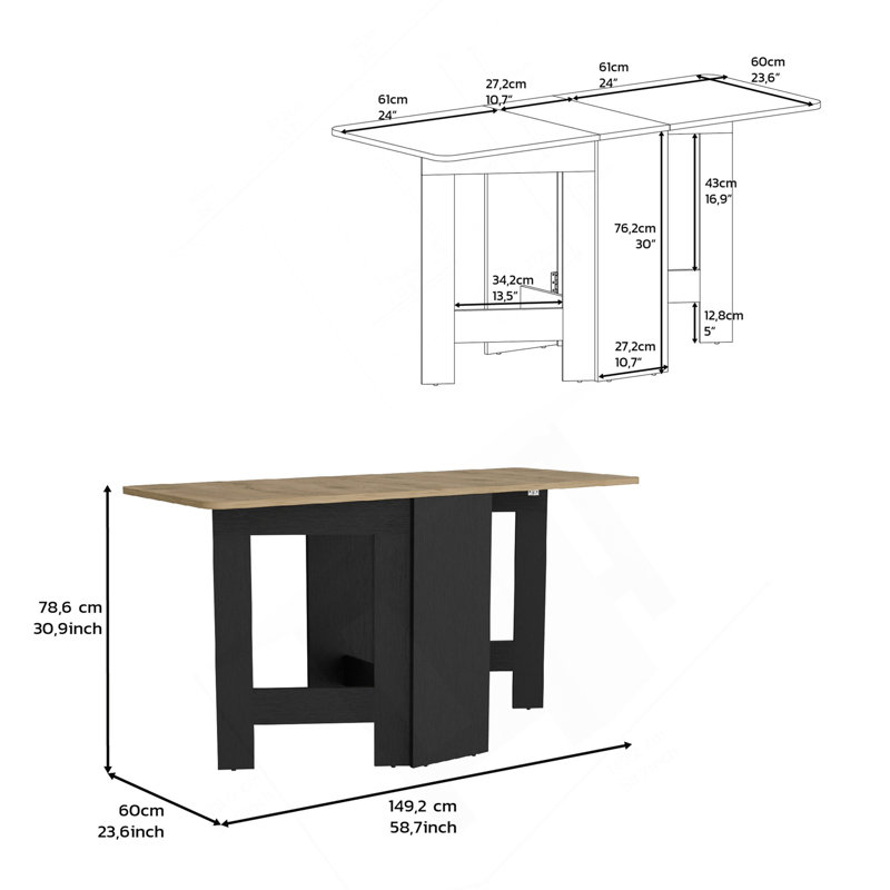 Table pliante avec design extensible en 3 formes, noir / Macadamia, Noir