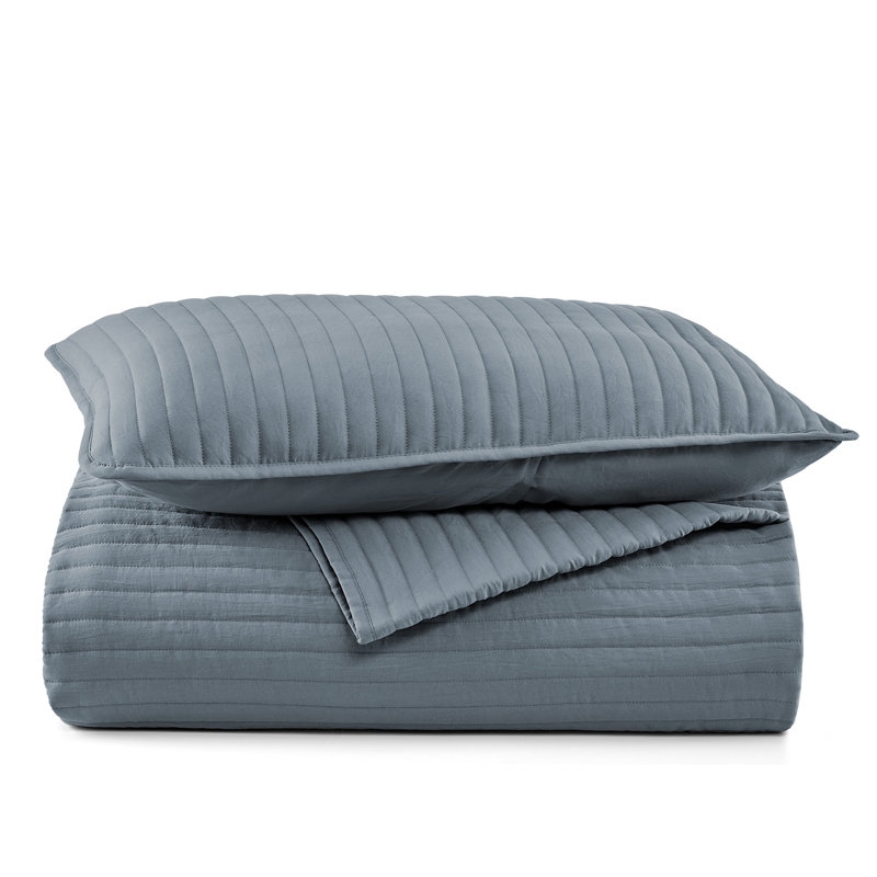 Straight Stitch Vintage Washed Quilt Set, Blue Straight Line, Full/Queen Quilt + 2 Standard Shams