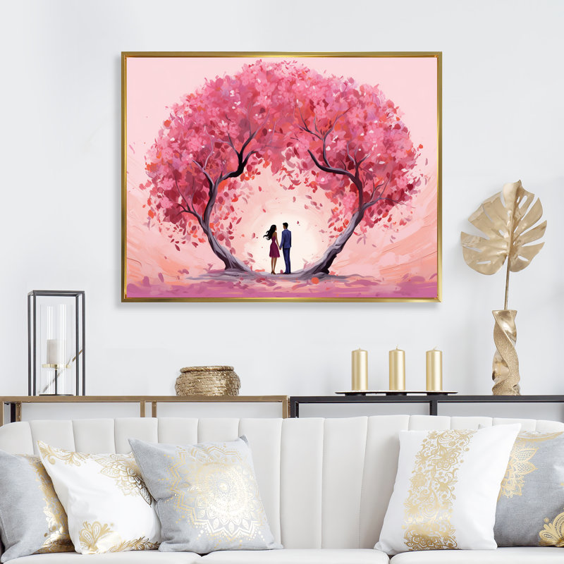 Couple romantique sous un arbre rose I - Art mural romantique, Cadre flottant doré, H 34 po x l 44 po x P 1,5 po