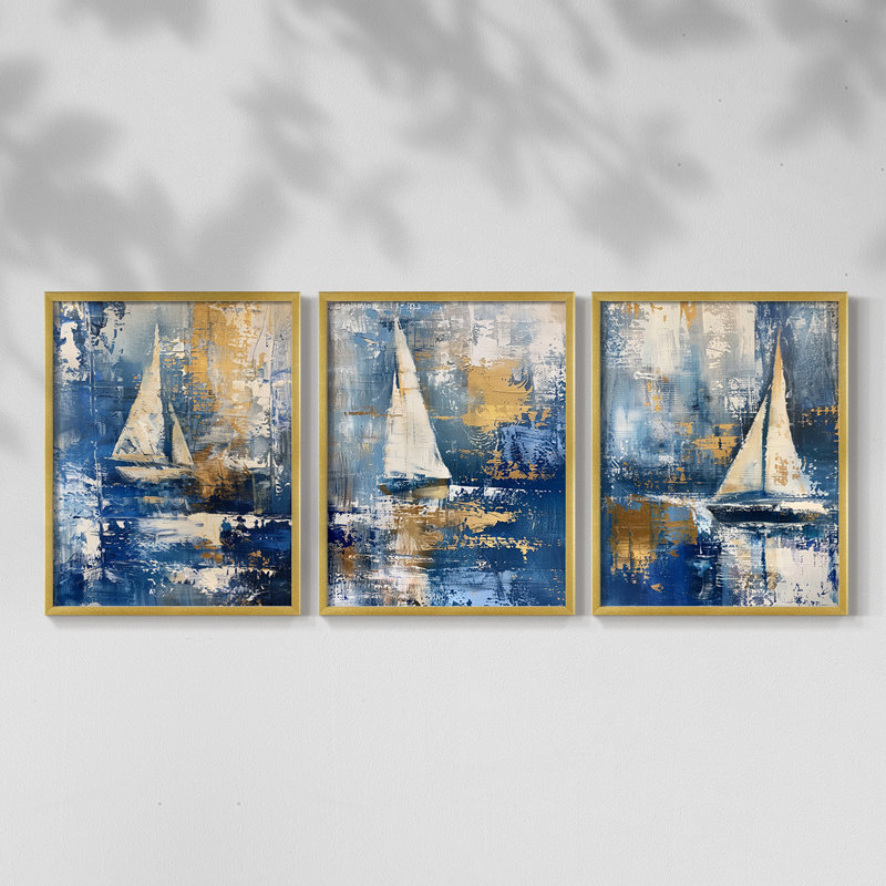 Mer et rivage, série XVII - ensemble de 3 estampes numériques - prêt à être accroché, Doré, H 28 po x l 66 po