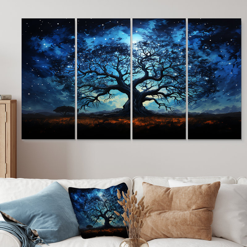 «Blue Afrique Serengeti Tree I», art mural 4 pièces, H 28 po x l 48 po