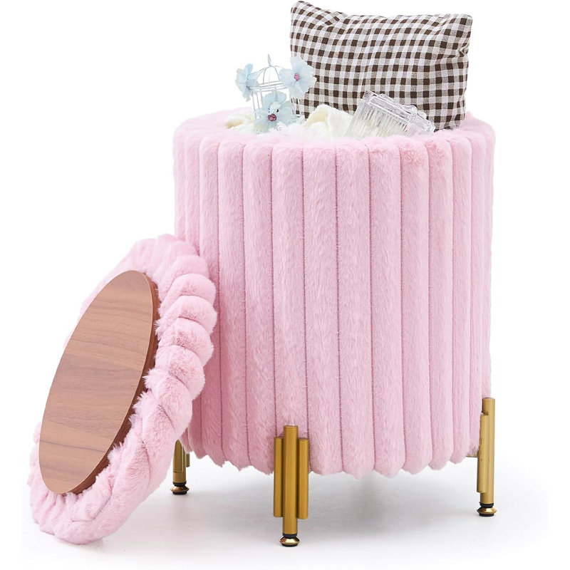 Round Velvet Ottoman with Storage, Pink