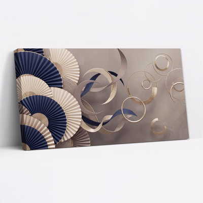Navy Blue Fans and Gold Rings Abstract Canvas Wall Art