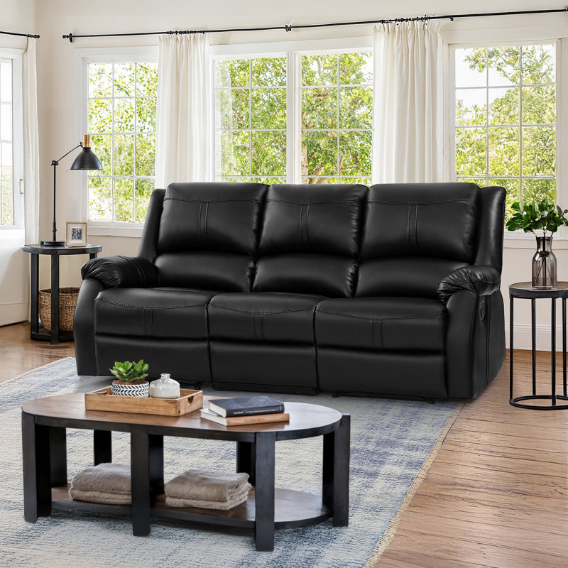Chandrine 80.7" Wide Modern And Upholstered Leather Manual Reclining Sofa, 3-Seater Recliner Couch, Black