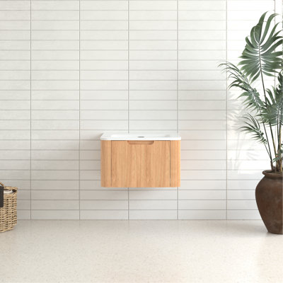 White Ceramic Basin Wall - Mounted 24 Inch Floating Vanity, Pre Assembled, Natural Walnut, Curved Edges, Smart Drawer For Space Walnut Finish, Soft Close Drawer, Rounded Design