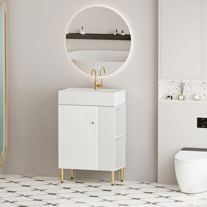 21.6" Bathroom Vanity with Soft-Close Door, Ceramic Sink & Open Storage Shelf, White/White