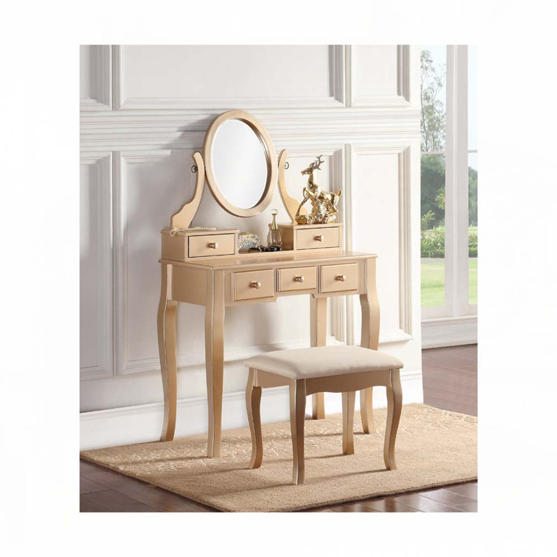 Ensemble coiffeuse et tabouret en bois, Doré